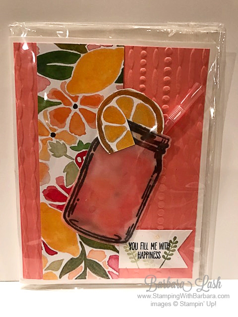 Stampin' Up! fruit stand DSP sharing sweet thoughts jar of love lemonade handstamped card by Barbara Lash of Stamping With Barbara